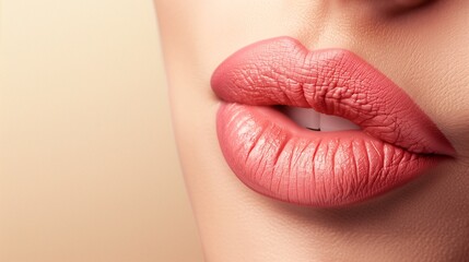 Beautiful female lips close-up on a light beige background. AI generation.