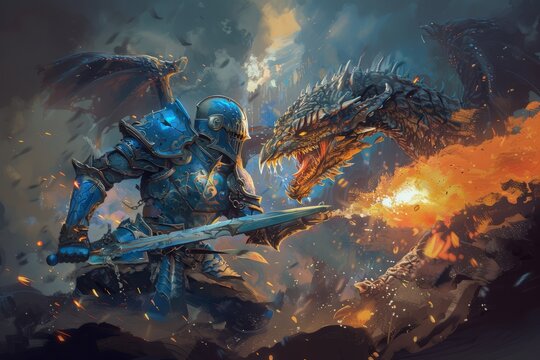 A man stands with a sword raised in front of a fierce dragon, ready for battle against the mythical creature