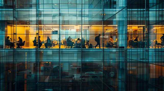 Office workers. Mirror glass building. Office workers, business people, work. Illustration of a working day of office employees in a building.
