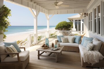Fototapeta premium Beach house tranquility with inviting seating on the porch