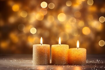 Three lit candles sitting on top of a table in glitter background