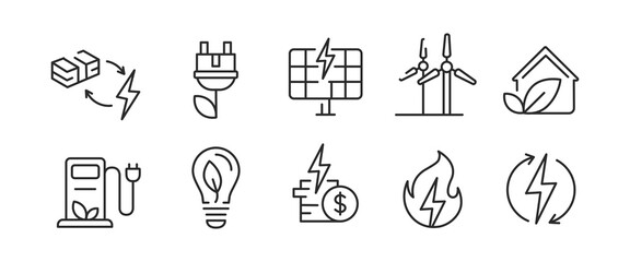 10 green energy icons: powerhouse, flower charger, solar panels, wind turbines, eco home, EV charger, leaf bulb, dollar power, power signs. For web, mobile, promo. Renewable energy.Vector illustration