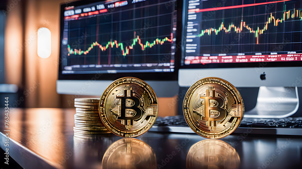 Poster golden bitcoin coin and computer monitor with stock market chart on screen