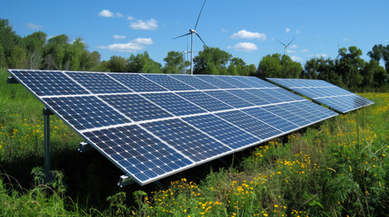 Eco-technology with solar panels among bright yellow wildflowers under a clear blue sky.
