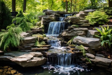 Cascading waterfall creating a stunning natural water feature