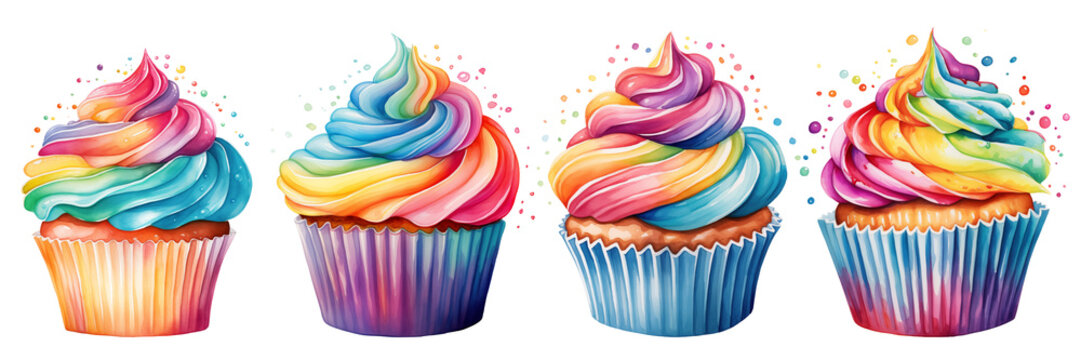 Bundle set of Rainbow cupcake watercolor style isolate on PNG Transparent background