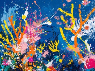 Multicolored paint splatters on a vibrant blue background, creating a dynamic and eye-catching composition