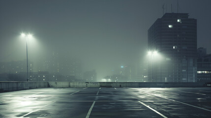 background image of an empty parking lot, night, against the backdrop of a high-rise building, grayish tones.
 - obrazy, fototapety, plakaty