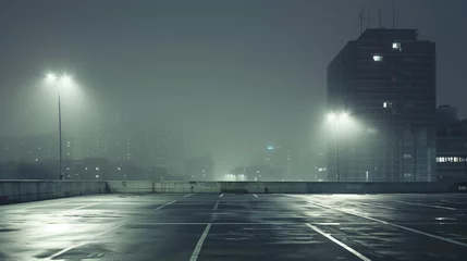 Fototapeten background image of an empty parking lot, night, against the backdrop of a high-rise building, grayish tones.  © Maksym