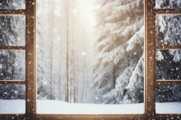 Open window with a view of a snowy forest