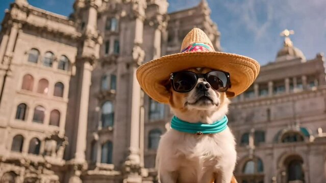 Chihuhua dog wearing glasses and sombrero hat with tall buildings background and copy space area. Suitable for chinco de mayo videos.