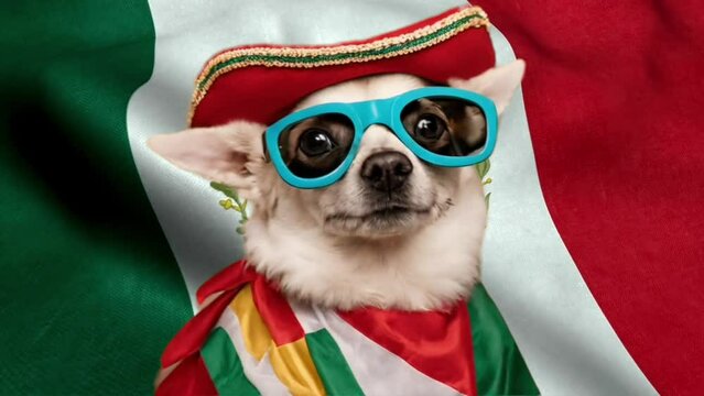 Chihuhua dog wearing a mariachi costume, glasses and sombrero hat with Mexican flag background and copy space area. Suitable for chinco de mayo videos.