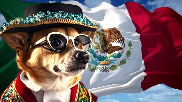 Chihuhua dog wearing a mariachi costume, glasses and sombrero hat with Mexican flag background and copy space area. Suitable for chinco de mayo videos.