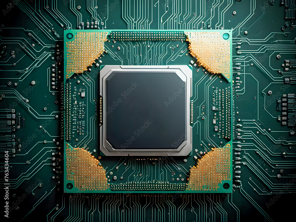 Poster close up of electronic circuit board with processor. technology concept background.
