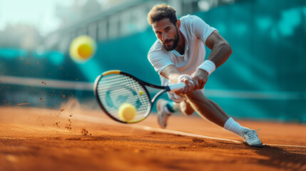 Portrait of a beautiful Caucasian professional tennis player hitting a ball at speed in a stadium. International tennis match. - obrazy, fototapety, plakaty