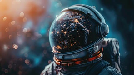 A close-up of an astronaut helmet reflecting the Earth, symbolizing human space flight and exploration for International Day of Human Space Flight - obrazy, fototapety, plakaty
