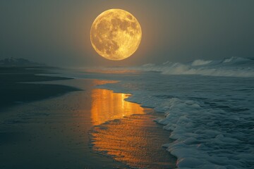 Giant full moon hangs over a tranquil sea washing upon a sandy shore