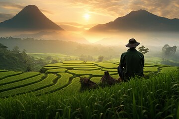 Farmer taking a moment to admire the beauty of his flourishing paddy field - obrazy, fototapety, plakaty