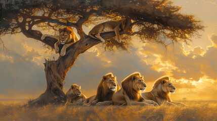A pride of lions at rest in the shade of a large tree in the African savannah at sunset. © alisluch