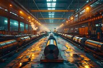 Efficient Manufacturing Processes in Action: Large Industrial Machinery at Work in a Busy Factory. Concept Manufacturing Processes, Industrial Machinery, Factory Operations, Efficiency in Production - obrazy, fototapety, plakaty