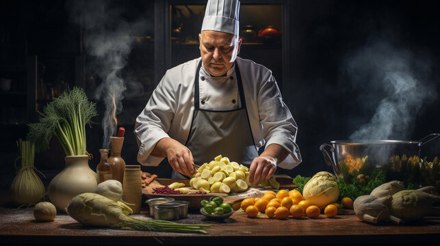 A  photo of a chef creatively using imperfect and surplus produce to prepare a gourmet meal, encouraging consumers to appreciate "ugly" food and reduce waste.