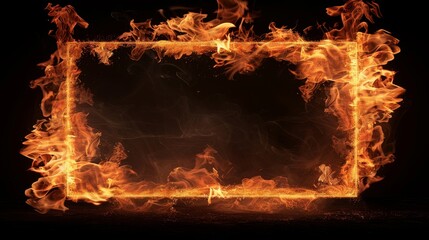 Rectangular frame made of burning flames fire in the shape of a rectangle on black background
