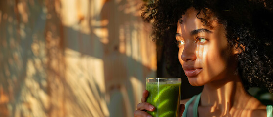 Beautiful black woman holding a glass of green smoothie. Healthy lifestyle and diet concept.