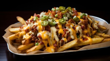 Greasy and indulgent loaded cheese fries topped with chili, cheese, jalapenos, bacon, and a drizzle of sriracha sauce