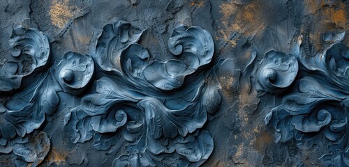 Navy blue stucco wall with intricate relief, abstract design. Wide angle, rough texture. Earthy brown background.