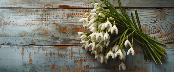 A cluster of white flowers arranged neatly on a wooden table