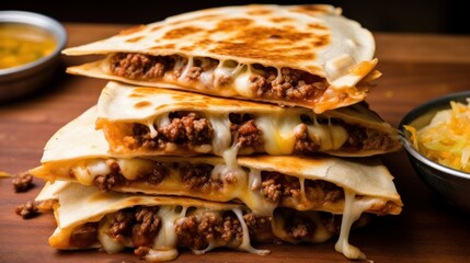 Greasy and satisfying beef and cheese quesadilla with melted cheese, seasoned beef, and tortillas