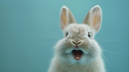 Obraz premium Cute white rabbit pet smiling and laughing, perfect for Easter background or animal pet concept.