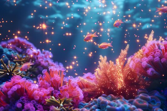 Up close vibrant coral reef, stunning marine life, sunlight, and fish,An underwater film displaying the diversity of the ocean, showing coral reefs overflowing with vibrant marine life. idea of invest