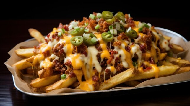 Greasy and indulgent loaded cheese fries topped with chili, cheese, jalapenos, bacon, and a drizzle of sriracha sauce