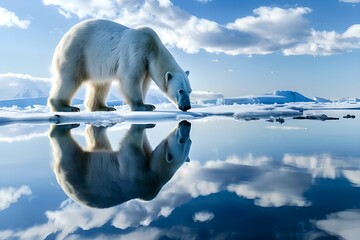 A family of polar bears manages to get away from the snowmelt. Arctic preservation initiative, global warming issue, and endangered species: the tragic situation of a polar bear stranded on melting ic - obrazy, fototapety, plakaty