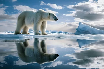 Zelfklevend Fotobehang A family of polar bears manages to get away from the snowmelt. Arctic preservation initiative, global warming issue, and endangered species: the tragic situation of a polar bear stranded on melting ic © Baloch Arts