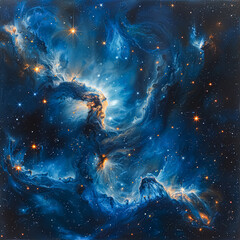 A painting of a starry sky with a blue and orange swirl. The painting is of a nebula, which is a...