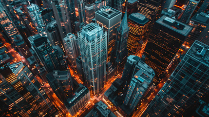 Photo of the city from a bird's eye view. Sunset. Skyscrapers, business office buildings. View from above of the cityscape of a large modern city.
