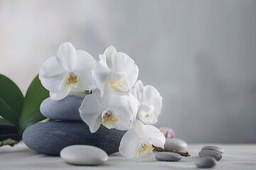 Naklejka na ściany i meble A table with white orchids and spa stones against a backdrop of nature. Superior resolution image, Orchid and polished stones: organic red elegance,Orchids and white towels in the spa area