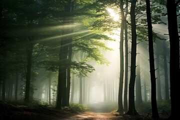 Misty morning forest scene, shrouded in ethereal beauty - obrazy, fototapety, plakaty