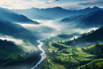 Poster Misty morning over a tranquil mountain valley © KerXing