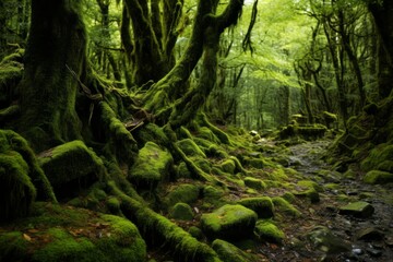 Mossy forest floor covered in a tapestry of green and earthy hues - Powered by Adobe