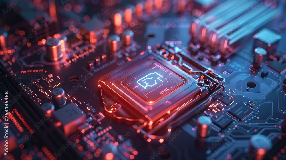 Poster cybersecurity service concept of computer motherboard and safety lock with login and connecting veri