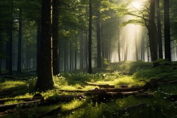 Peaceful forest glade with sunlight streaming through - obrazy, fototapety, plakaty