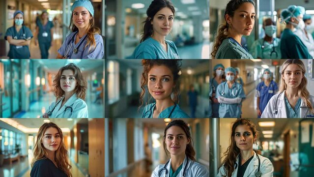 3x3 Collage of nine diverse women working in a modern day hospital in the USA in slow motion