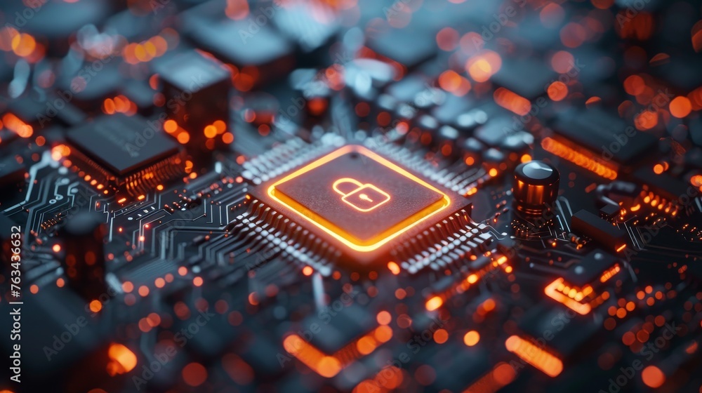 Poster cybersecurity service concept of computer motherboard and safety lock with login and connecting veri
