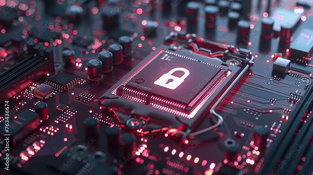 Poster cybersecurity service concept of computer motherboard and safety lock with login and connecting veri