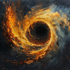 A painting of a black hole with a yellow sun in the center. The painting is abstract and has a...