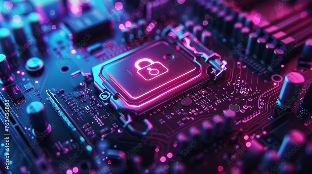 Poster cybersecurity service concept of computer motherboard and safety lock with login and connecting veri