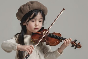 beautiful little girl plays the violin seriously
